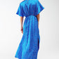 Maxi Cinched At The Waist Dress With Angel Sleeves In Blue Polka Dot