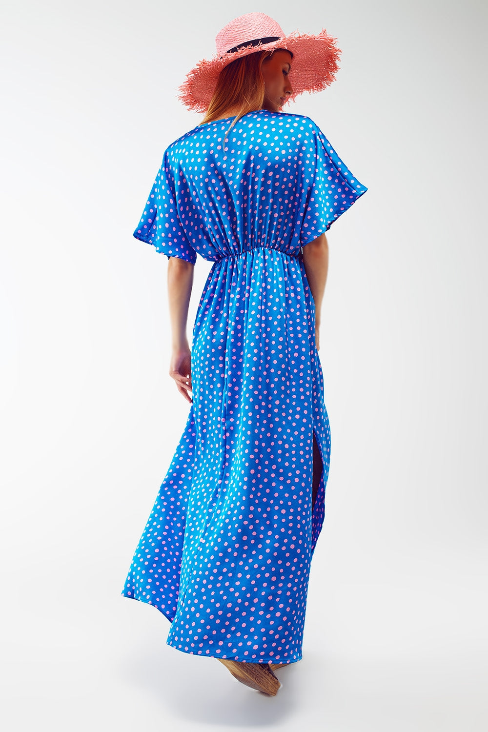 Maxi Cinched At The Waist Dress With Angel Sleeves In Blue Polka Dot