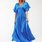 Maxi Cinched At The Waist Dress With Angel Sleeves In Blue Polka Dot