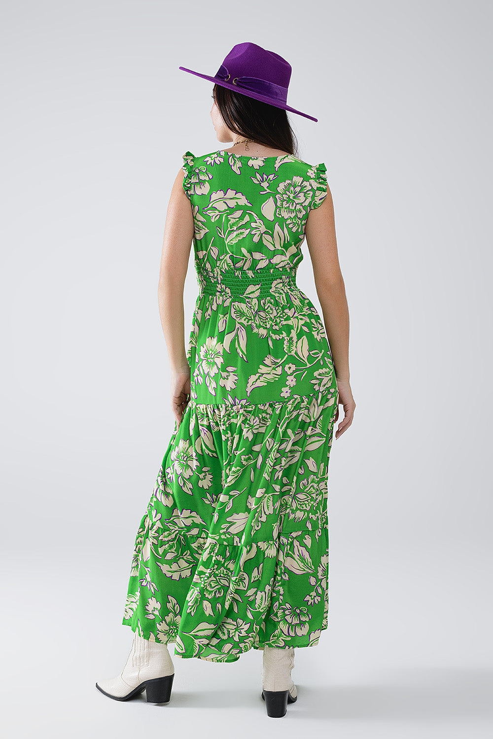 Maxi Cinched Waist Floral Print Dress in Green