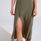 Maxi dress in khaki with ruffle and button detail