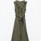 Maxi dress in khaki with ruffle and button detail