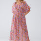 Maxi Dress In Pink With Braided Seams And Flower Print