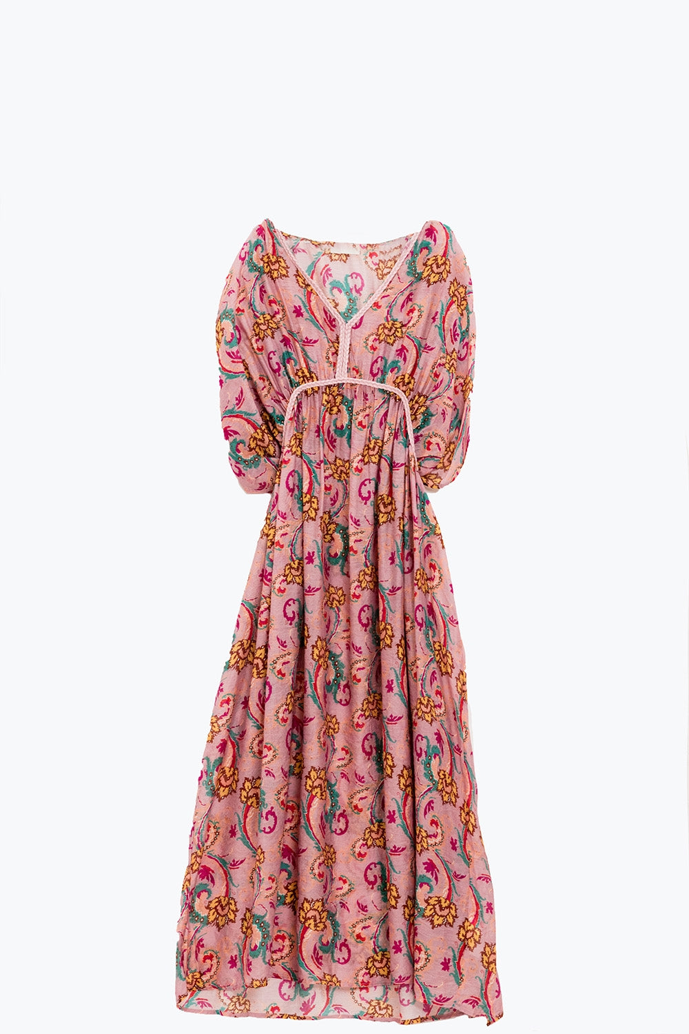 Maxi Dress In Pink With Braided Seams And Flower Print