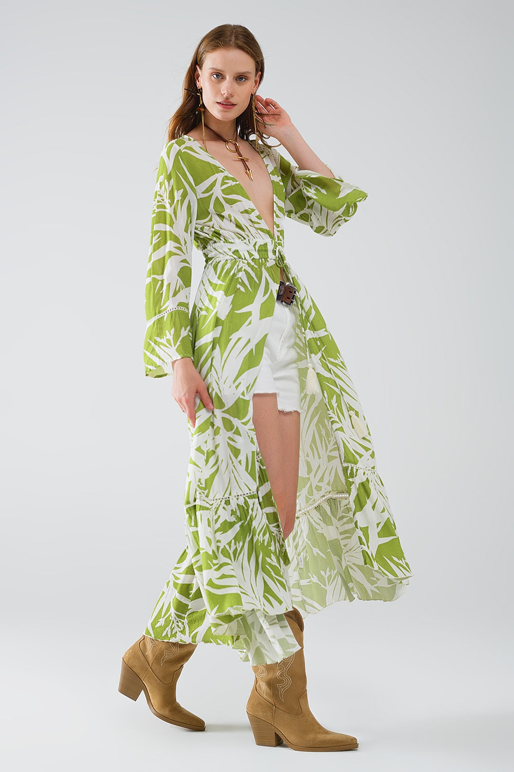 Maxi green kimono with tropical palm print