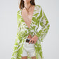 Maxi green kimono with tropical palm print