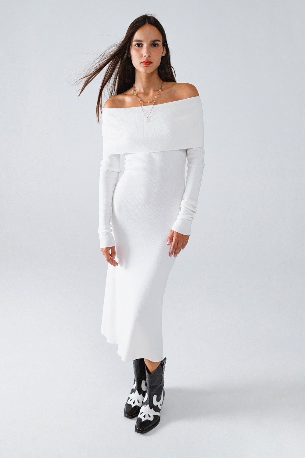 Maxi Knitted Foldover Badot Dress in white