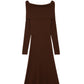 Q2 Maxi Knitted wide Bardot Dress in brown