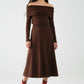 Maxi Knitted wide Bardot Dress in brown
