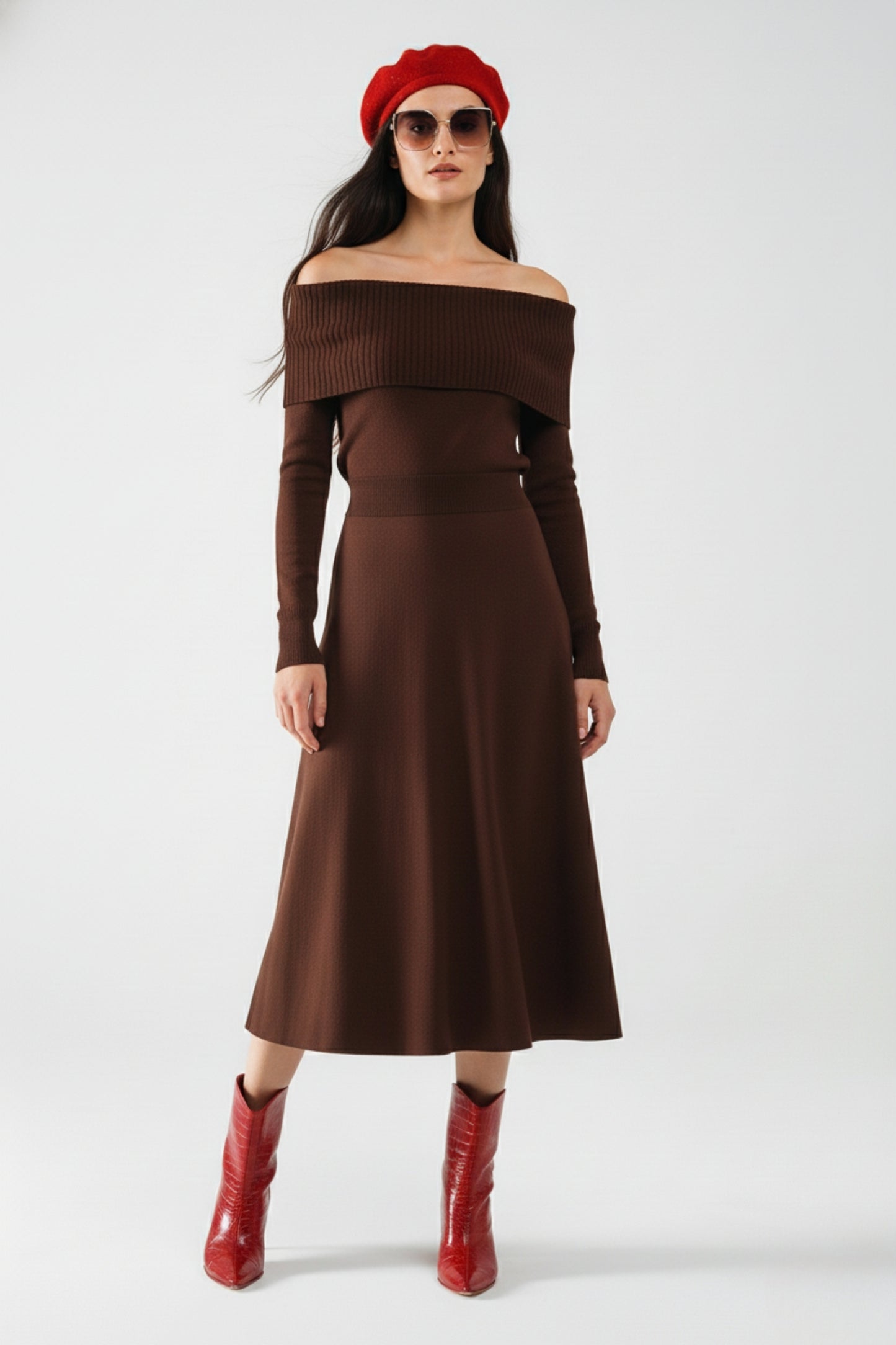 Maxi Knitted wide Bardot Dress in brown