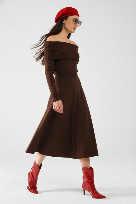 Maxi Knitted wide Bardot Dress in brown
