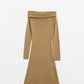 Q2 Maxi Knitted wide Bardot Dress in camel