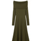 Q2 Maxi Knitted wide Bardot Dress in khaki