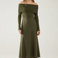Maxi Knitted wide Bardot Dress in khaki