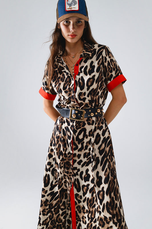 Vestido largo de leopardo con botones y detalles en rojo