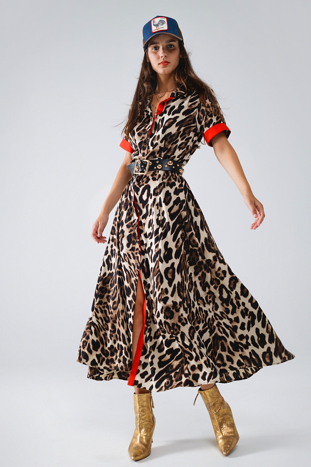 Q2 Maxi Leopard Button-Down Dress With Red Details