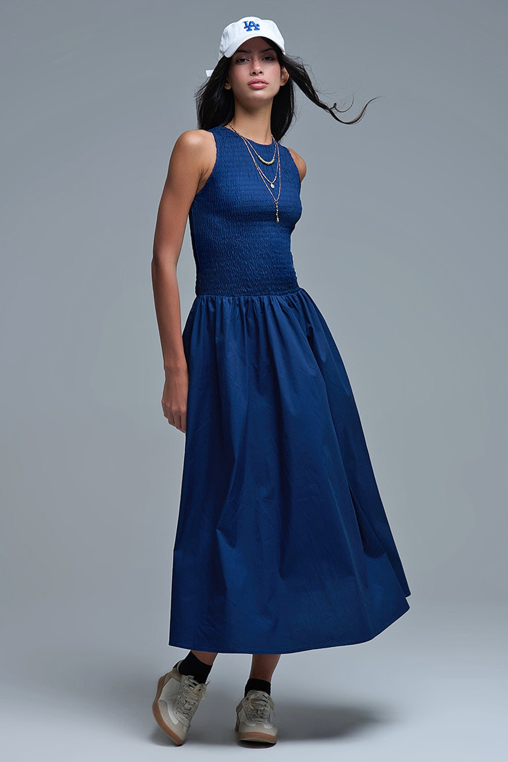 Maxi Navy Poplin Dress with smocked detail