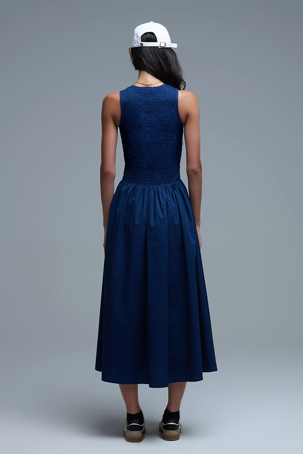 Maxi Navy Poplin Dress with smocked detail