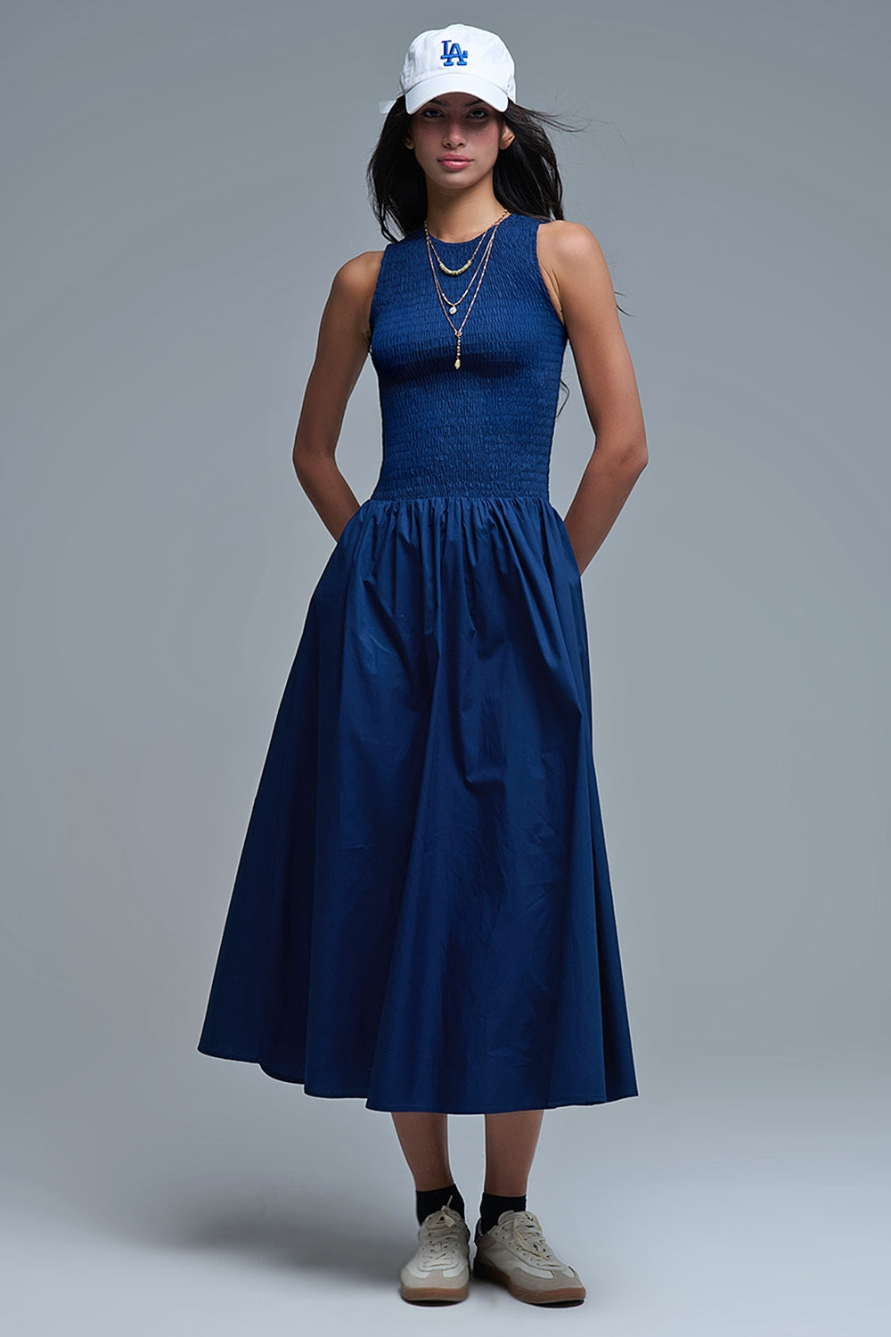 Q2 Maxi Navy Poplin Dress with smocked detail