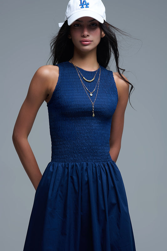 Maxi Navy Poplin Dress with smocked detail