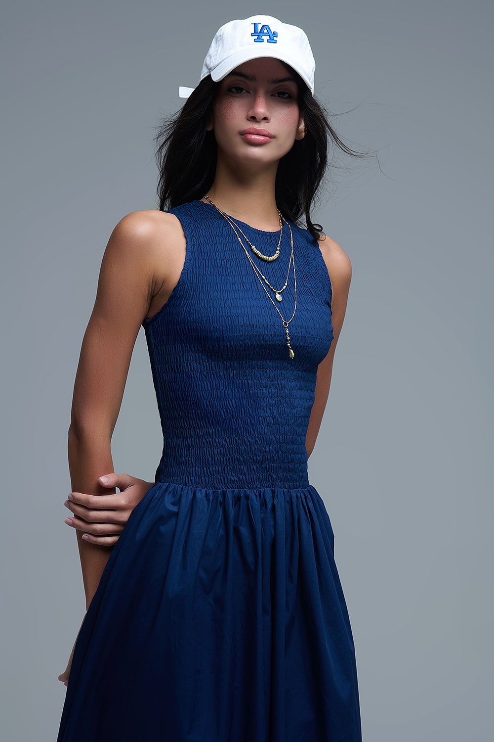 Maxi Navy Poplin Dress with smocked detail