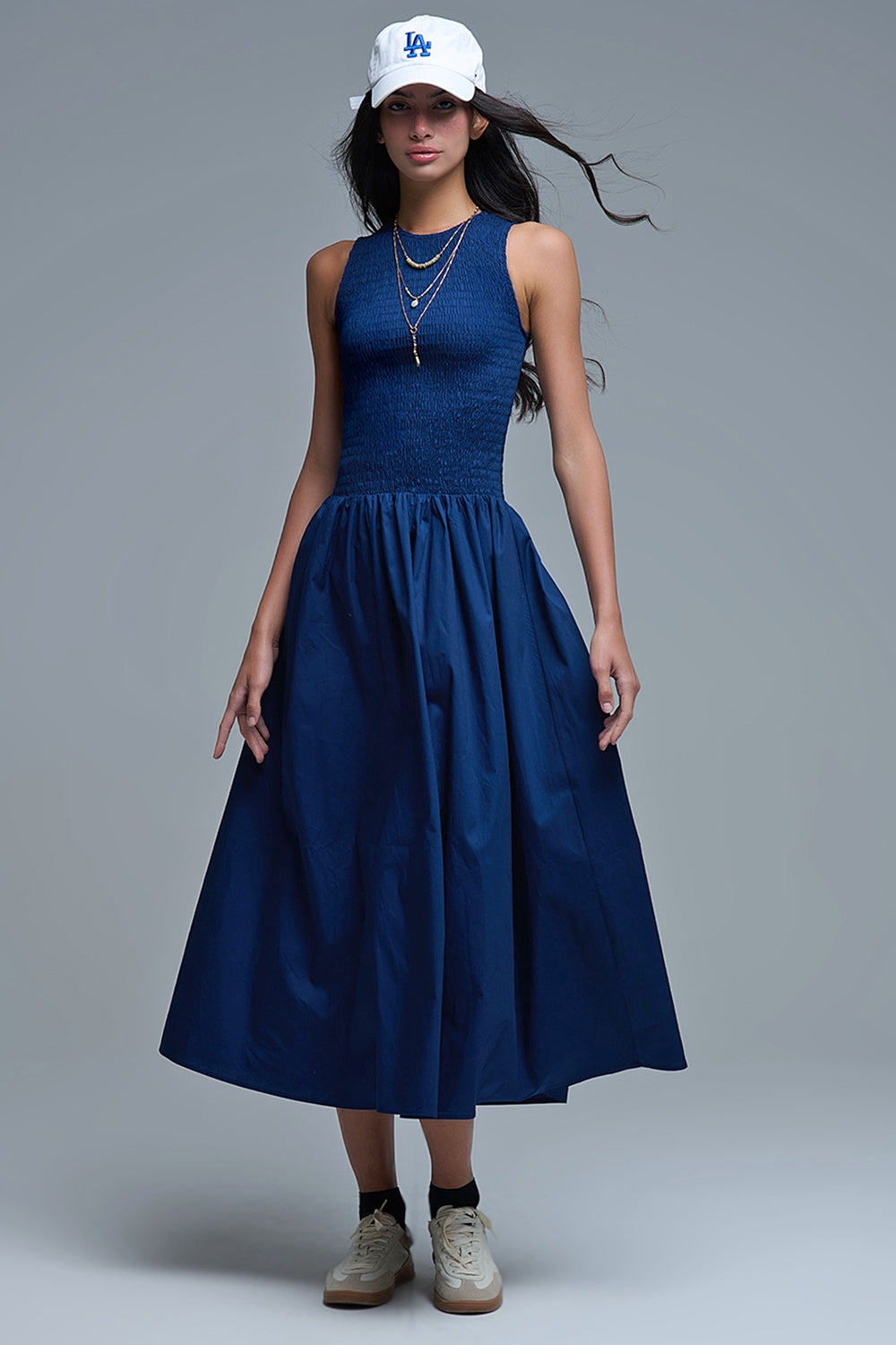 Maxi Navy Poplin Dress with smocked detail