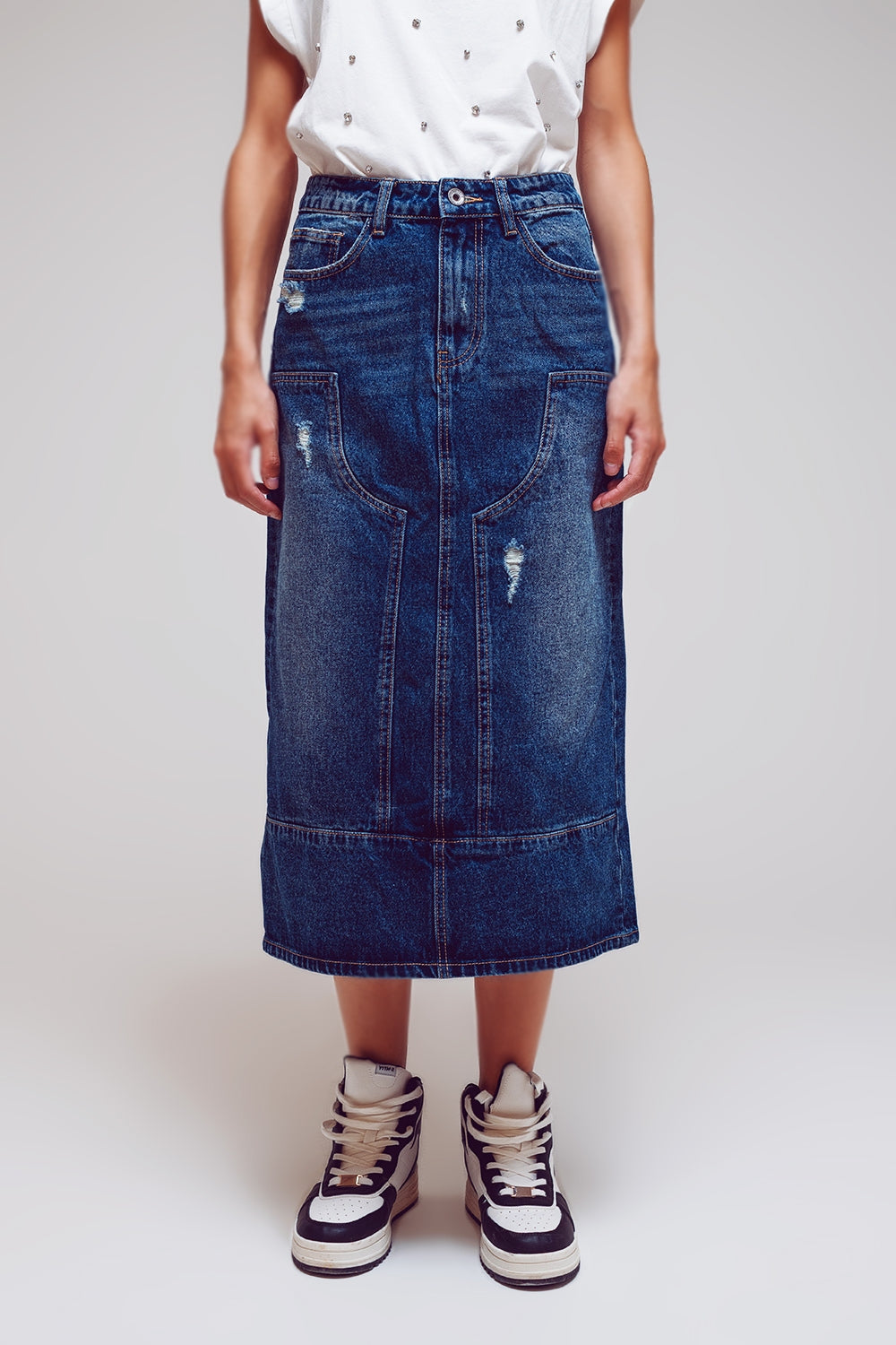 Maxi Pencil Denim Skirt With Panel Details In The Front