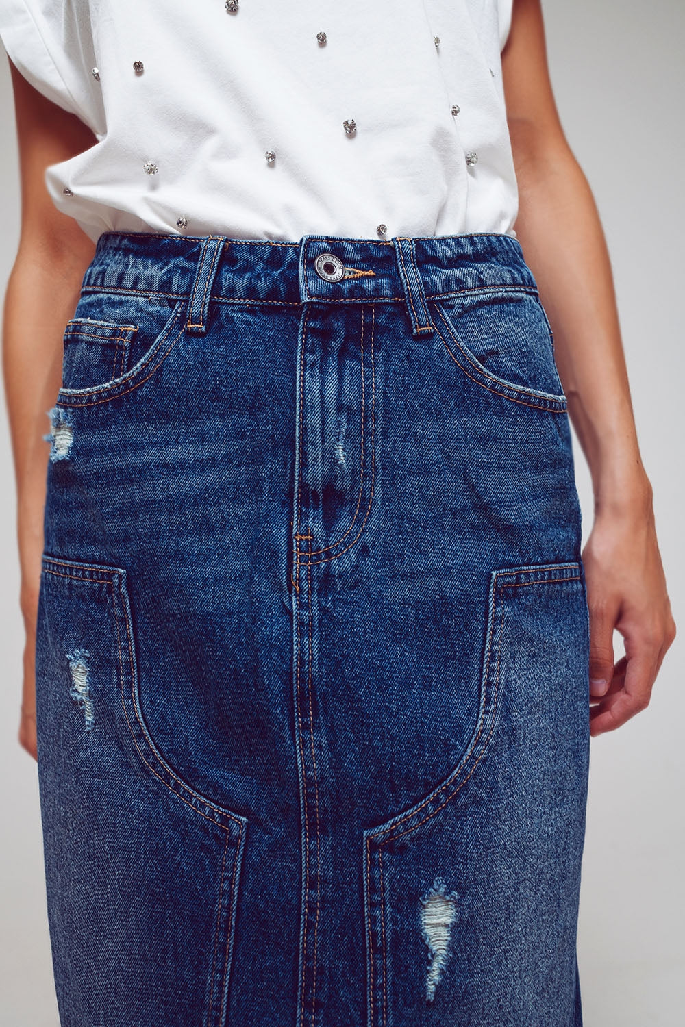 Maxi Pencil Denim Skirt With Panel Details In The Front