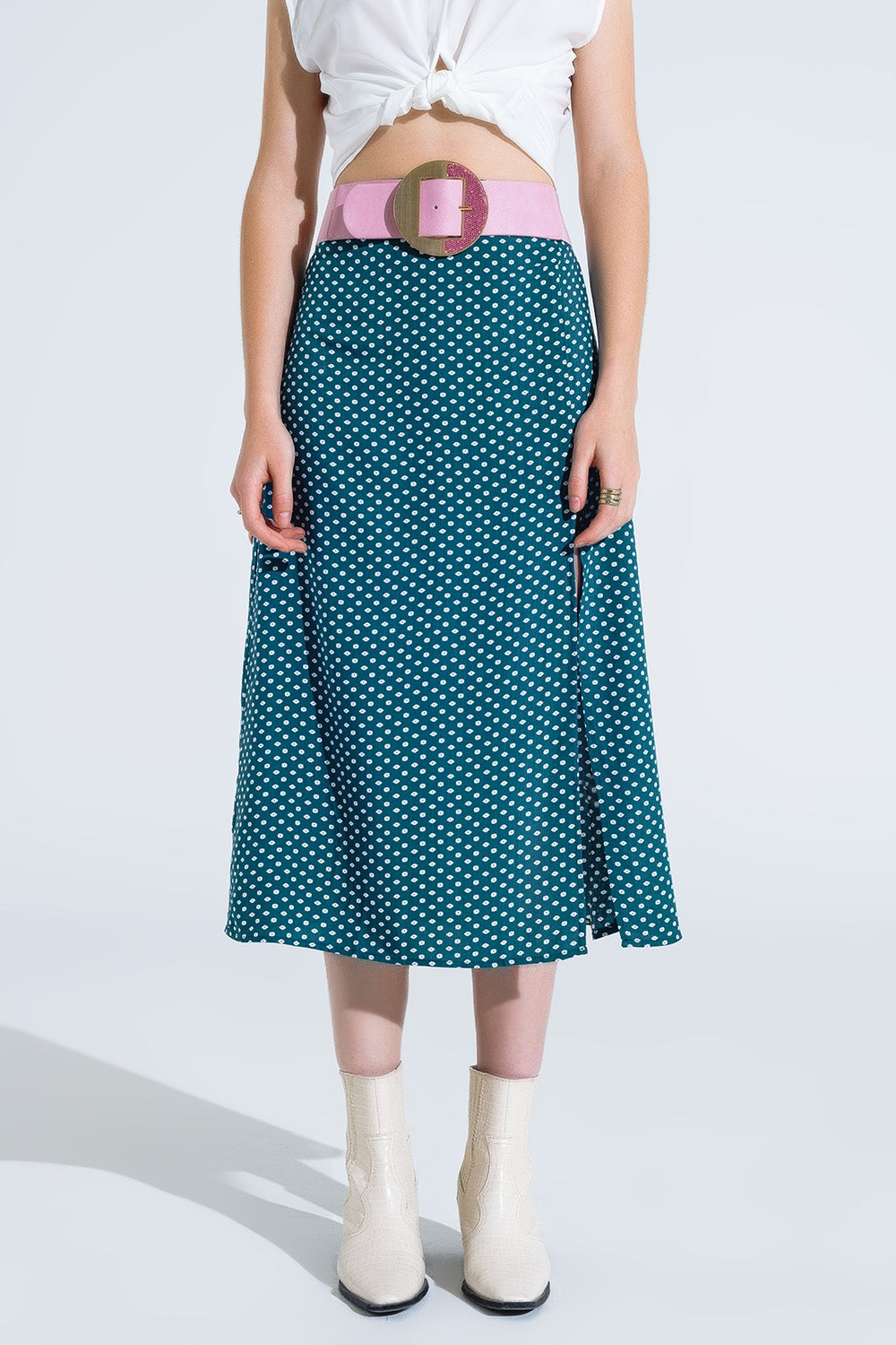 Maxi Skirt in Green With Flower Print and Side Slit