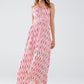 Q2 Maxi Summer Dress With Feather Print and Open Back in Pink