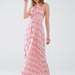 Maxi Summer Dress With Feather Print and Open Back in Pink