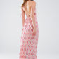 Maxi Summer Dress With Feather Print and Open Back in Pink