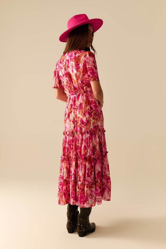 Maxi Tiered Romantic Dress With chiffon Floral Print In Pink