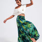 Q2 Maxi tiered skirt in green tropical print