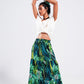 Maxi tiered skirt in green tropical print