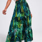 Maxi tiered skirt in green tropical print