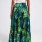 Maxi tiered skirt in green tropical print