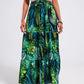 Maxi tiered skirt in green tropical print