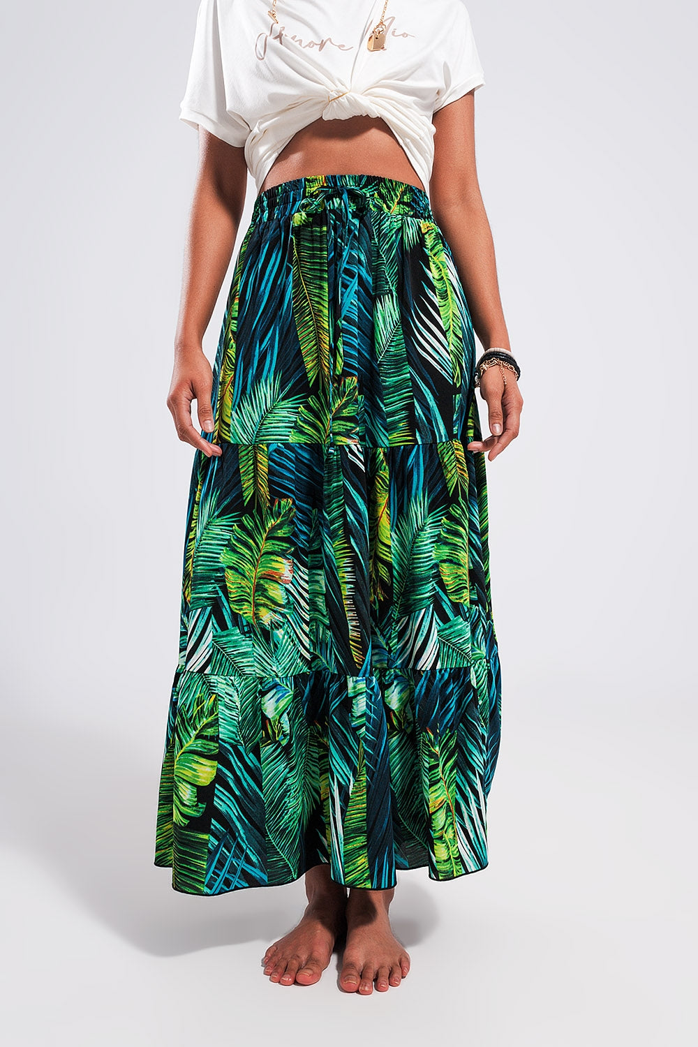 Maxi tiered skirt in green tropical print