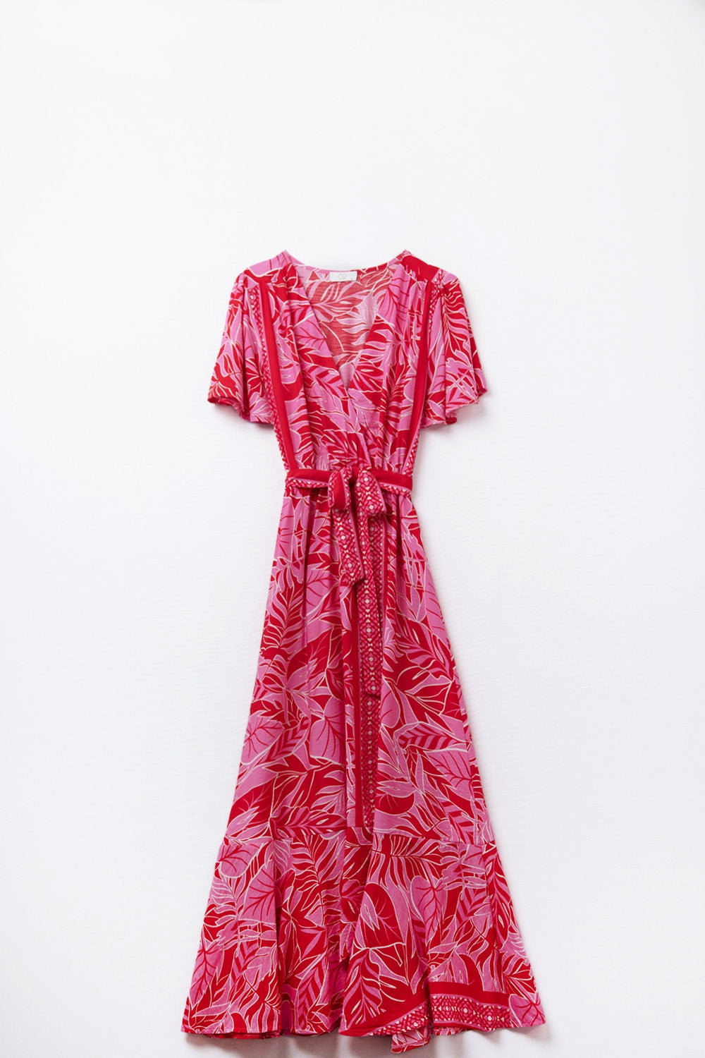 Q2 Maxi Tropical Motif Dress With Belt In Fuchsia