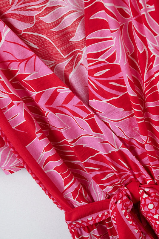 Maxi Tropical Motif Dress With Belt In Fuchsia