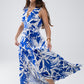 Q2 Maxi Tropical Print V-neck Dress With Slit in Blue