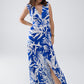 Maxi Tropical Print V-neck Dress With Slit in Blue