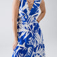 Maxi Tropical Print V-neck Dress With Slit in Blue