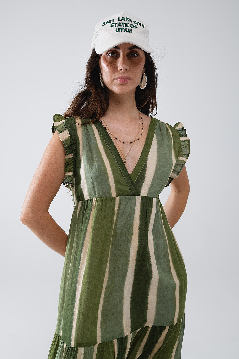 Maxi V-Neck Dress With Tiered Skirt In Striped Tie-dye Green