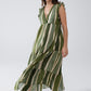 Maxi V-Neck Dress With Tiered Skirt In Striped Tie-dye Green