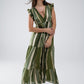 Maxi V-Neck Dress With Tiered Skirt In Striped Tie-dye Green