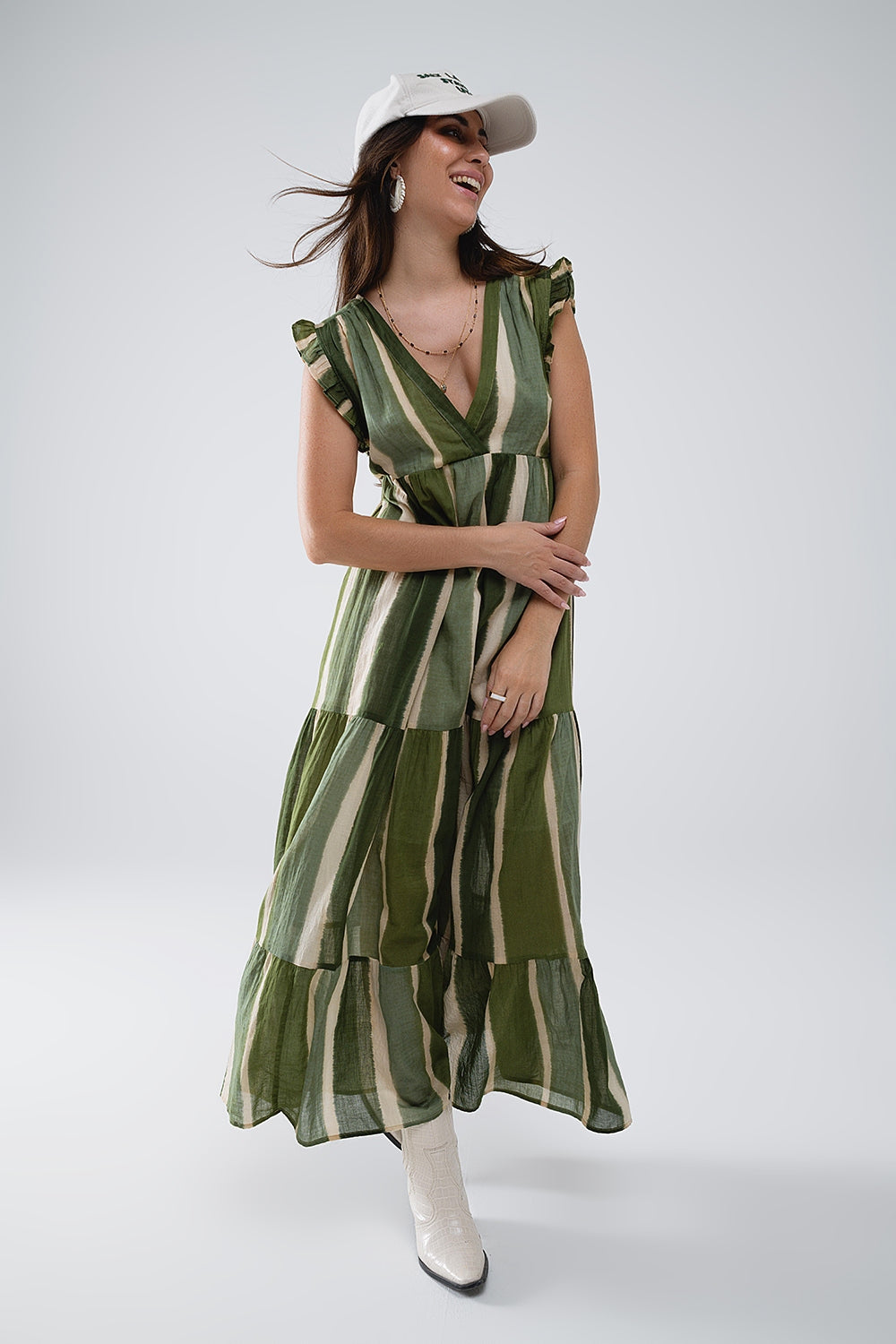 Maxi V-Neck Dress With Tiered Skirt In Striped Tie-dye Green