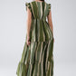 Maxi V-Neck Dress With Tiered Skirt In Striped Tie-dye Green