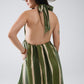 Maxi V-Neck Halter Dress With Side Slits In Striped Tie-dye Green